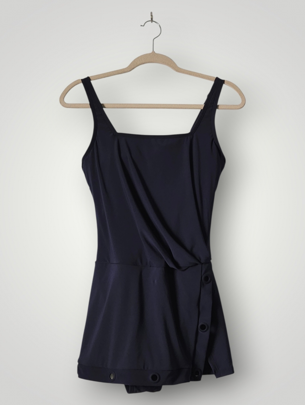Beyond Control Navy Swim Dress 8 Square Neck Grommet Detail Tummy Control Coasta